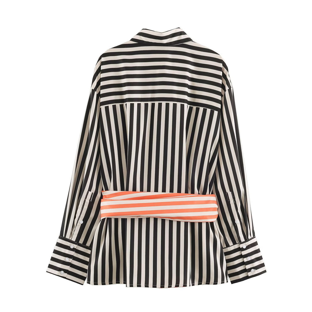 Women Long-Sleeved Shirt Blouse with Contrasting Waist Sash and Wide Cuffs Mune Fashion