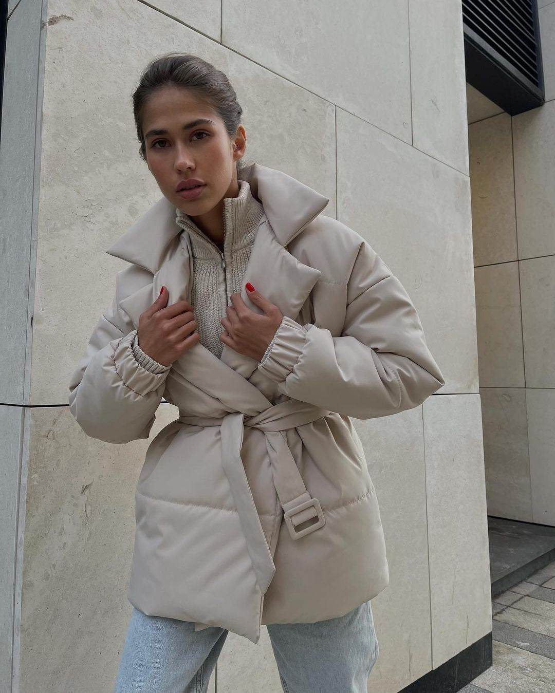 Women Padded Tailored Quilted Jacket with Belt and Hood Mune Fashion