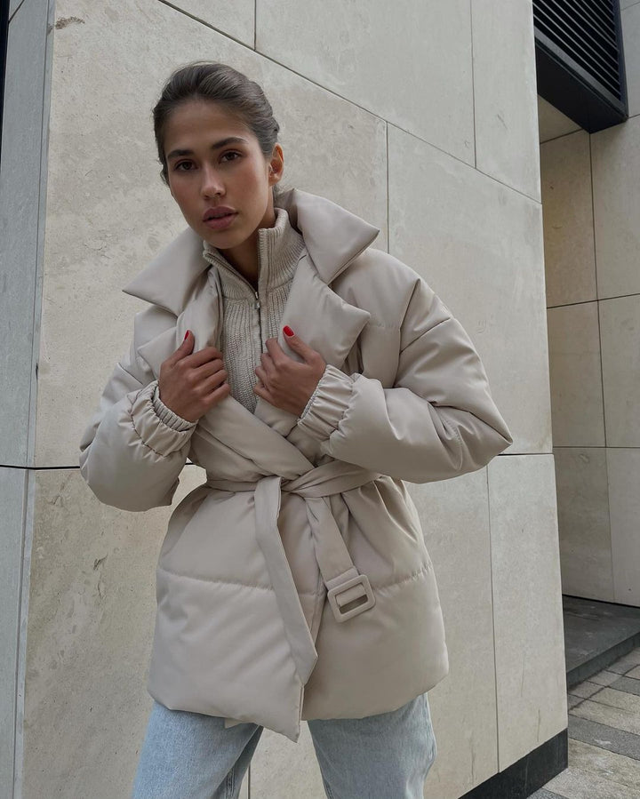 Women Padded Tailored Quilted Jacket with Belt and Hood Mune Fashion