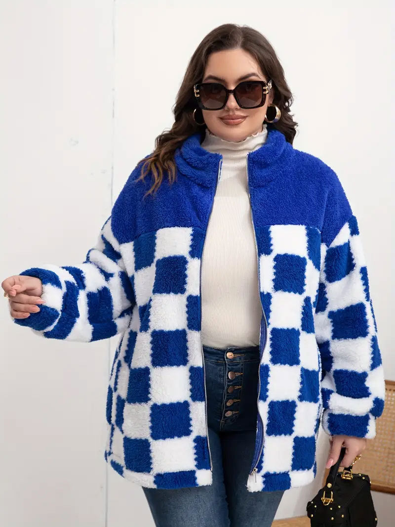 Women's Checked Design Teddy Fleece Jacket with Stand-Up Collar, Zipper and Oversized Cut Mune Fashion