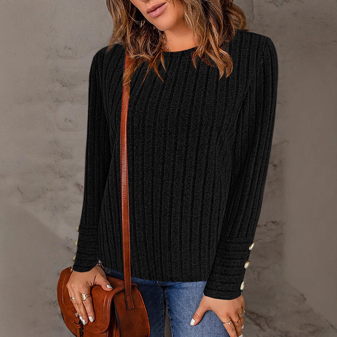 Ladies Ribbed Fine Knit Sweater with Round Neckline and Decorative Button Cuffs Mune Fashion