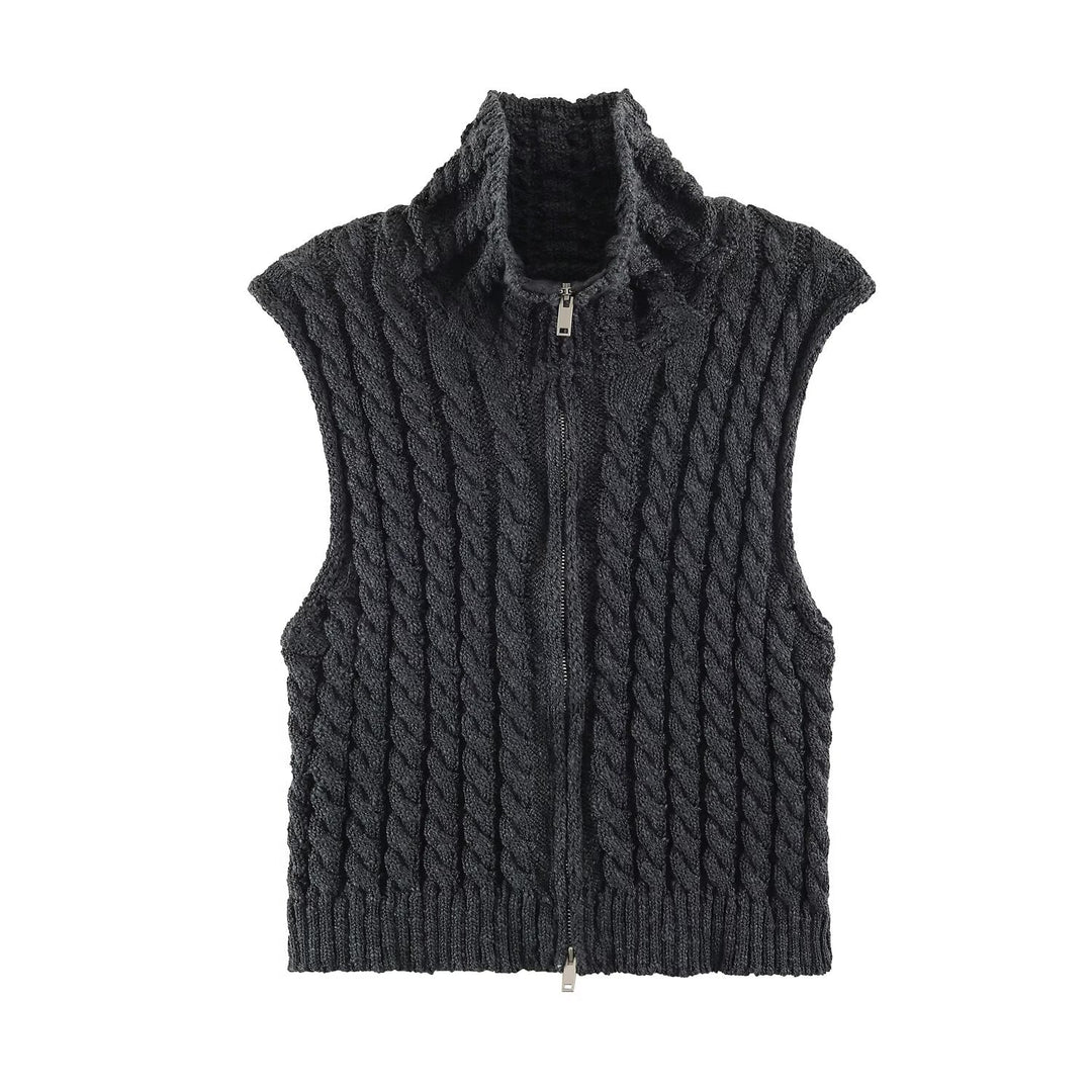 Women Sleeveless Cable Knit Vest with Stand-Up Collar and Full Zipper Mune Fashion