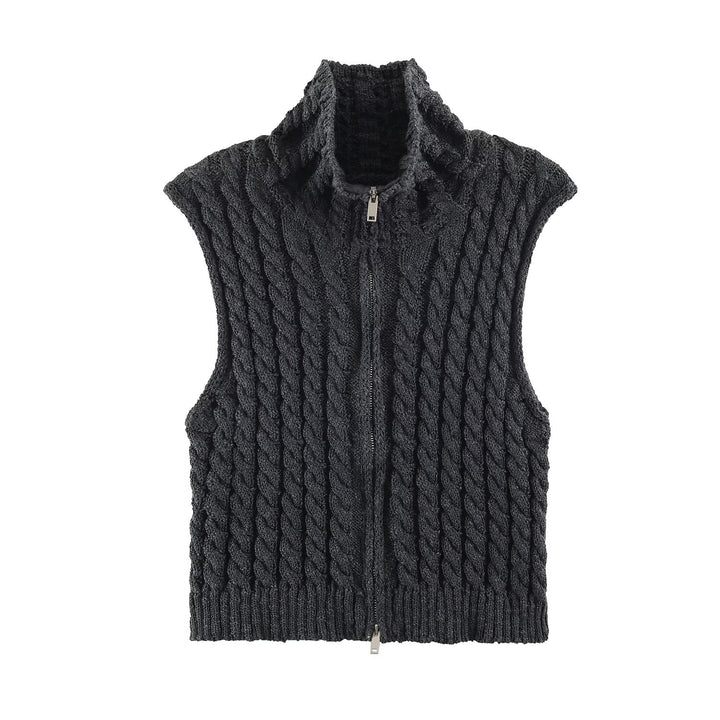 Women Sleeveless Cable Knit Vest with Stand-Up Collar and Full Zipper Mune Fashion