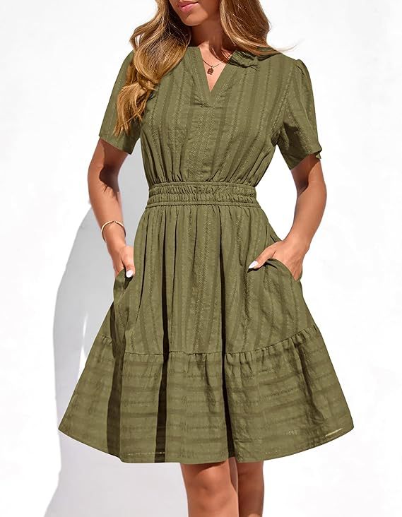 Women's Tailored Tiered Midi Dress with Smocked Waist, V-Neck and Pockets Mune Fashion
