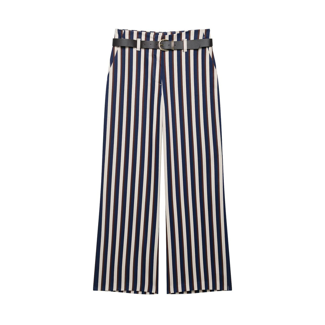 Women's Wide High-Waist Culotte Pants with Vertical Stripe Pattern and Decorative Belt Drune