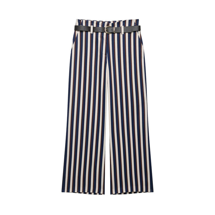 Women's Wide High-Waist Culotte Pants with Vertical Stripe Pattern and Decorative Belt Drune
