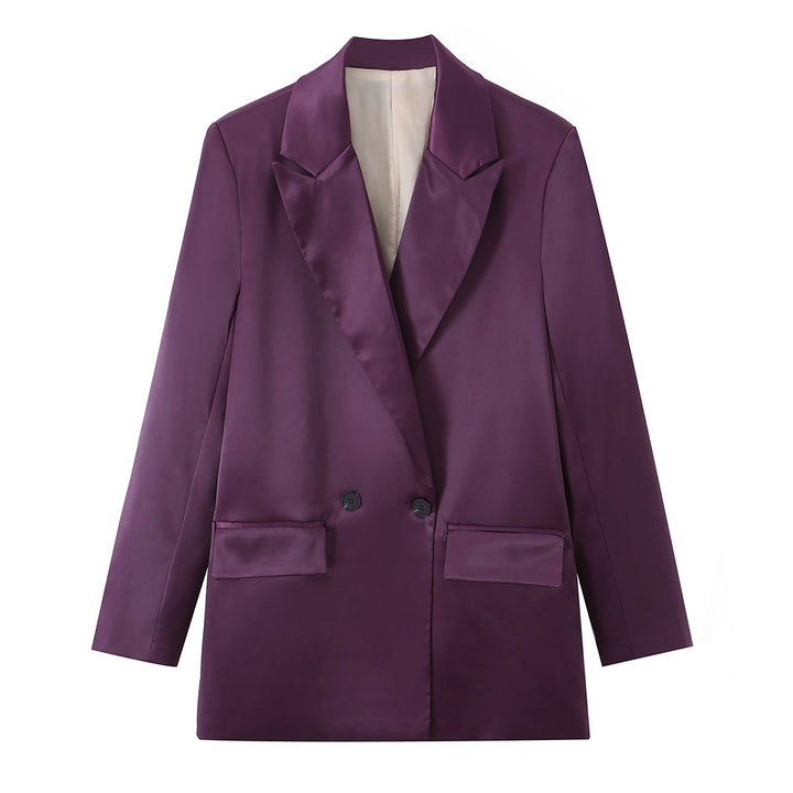 Women's Double-Breasted Satin Blazer with Notched Lapels and Flap Pockets Mune Fashion