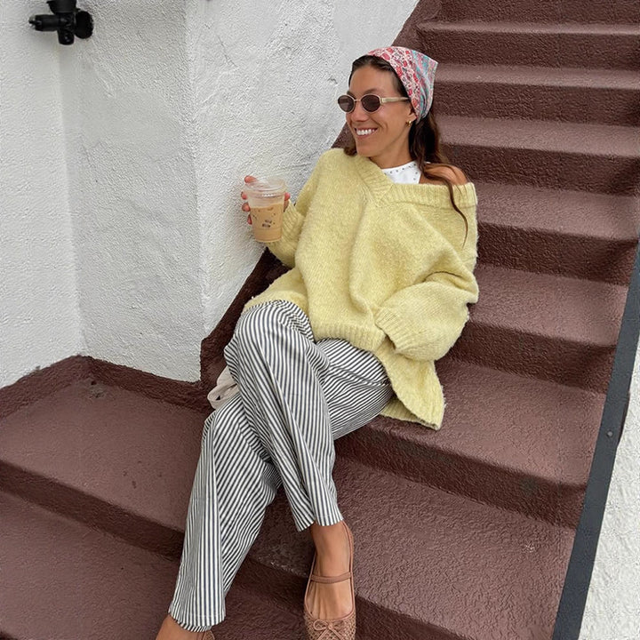 Women's Oversized Plush Sweater with Deep V-Neck and Voluminous Sleeves Mune Fashion
