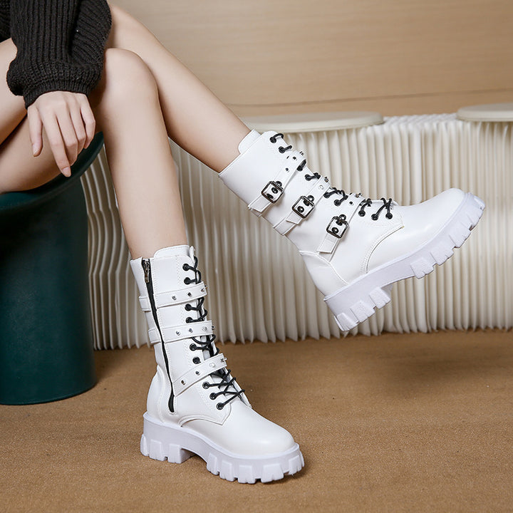 Women's platform biker boots with triple decorative buckle and chunky tread sole Mune Fashion