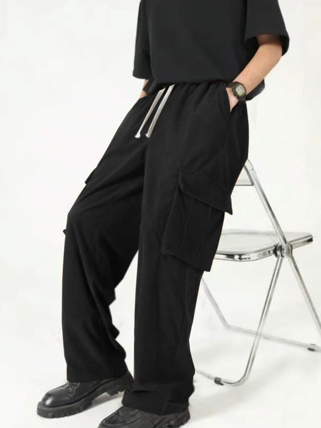 Men's loose wide corduroy cargo pants with drawstring waistband and large flap pockets Mune Fashion
