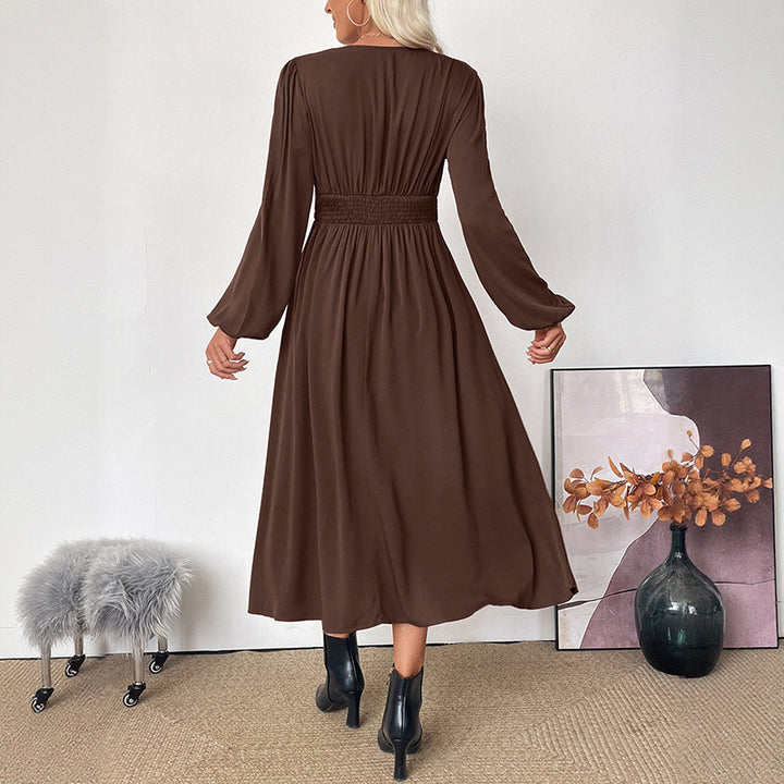 Women's maxi dress wrap look with V-neck, empire waist and long balloon sleeves Mune Fashion