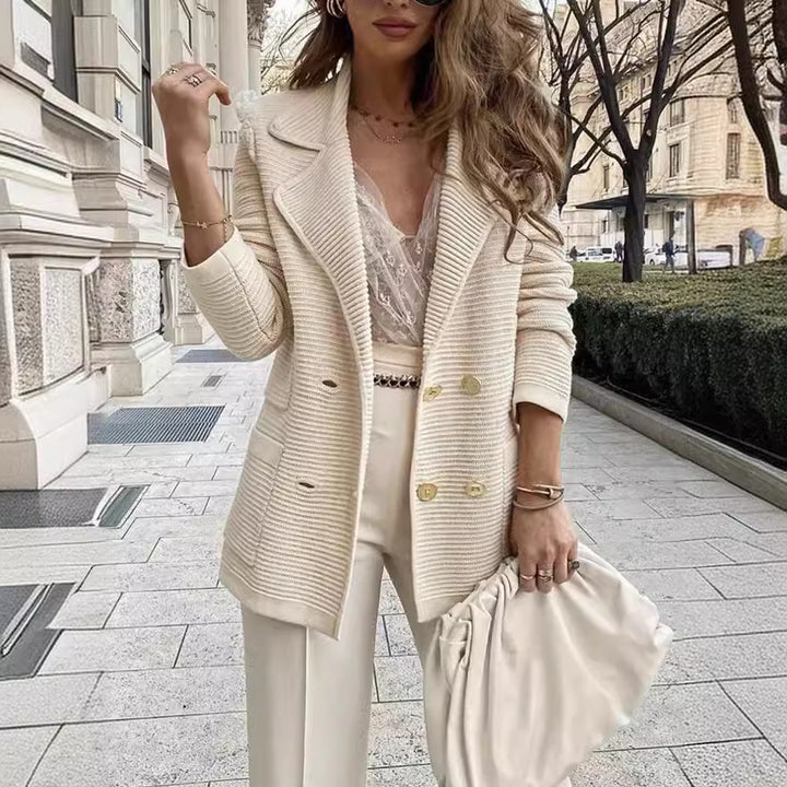 Women Structured Knit Blazer with Lapel Collar and Double Button Placket Mune Fashion