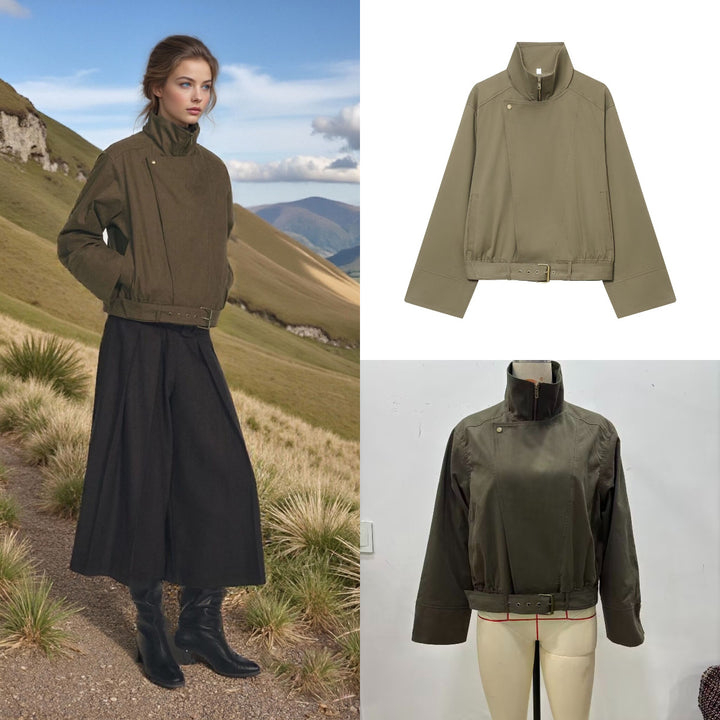 Women's short jacket with high stand-up collar, concealed zipper, and waist belt Mune Fashion