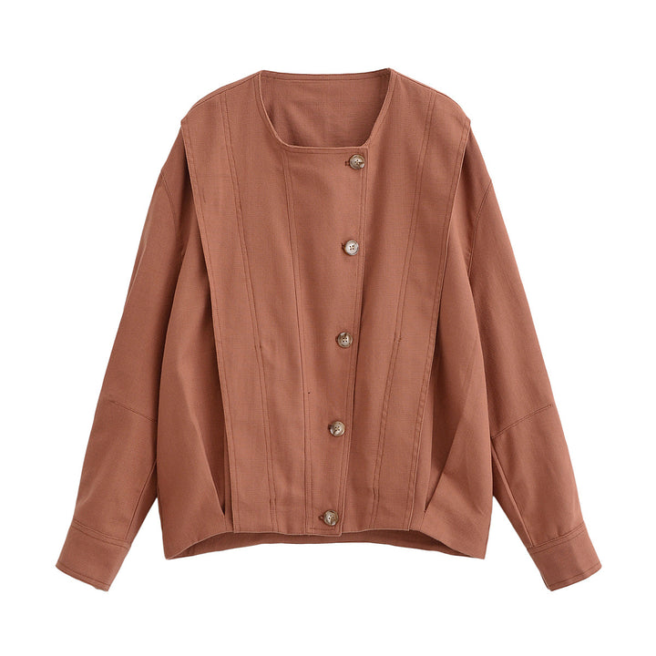 Women's Boxy Transitional Jacket with Round Neck, Decorative Stitching and Visible Button Placket Mune Fashion