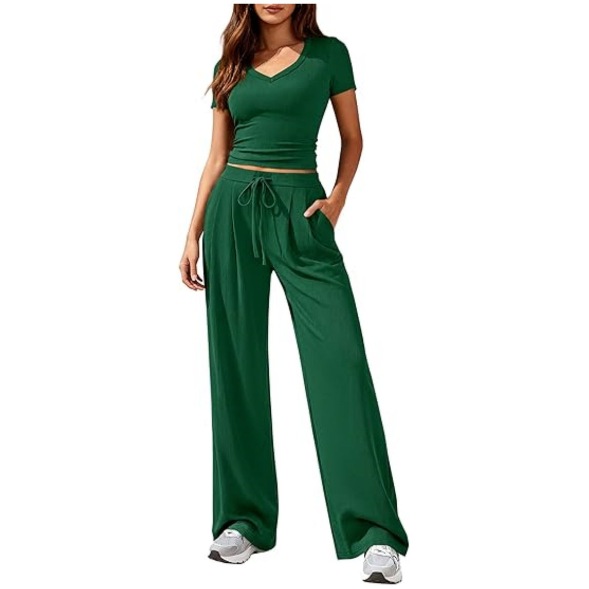 Ladies Casual Lounge Set with Tailored V-Neck Cropped Top and Loose Drawstring Pants Mune Fashion