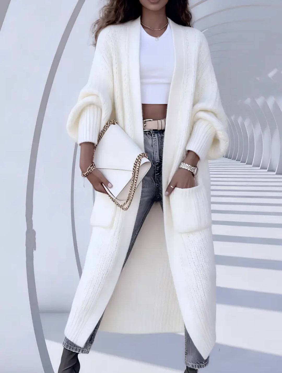 Women Long Open Chunky Knit Coat Cardigan with Braided Structure and Dropped Shoulder Mune Fashion