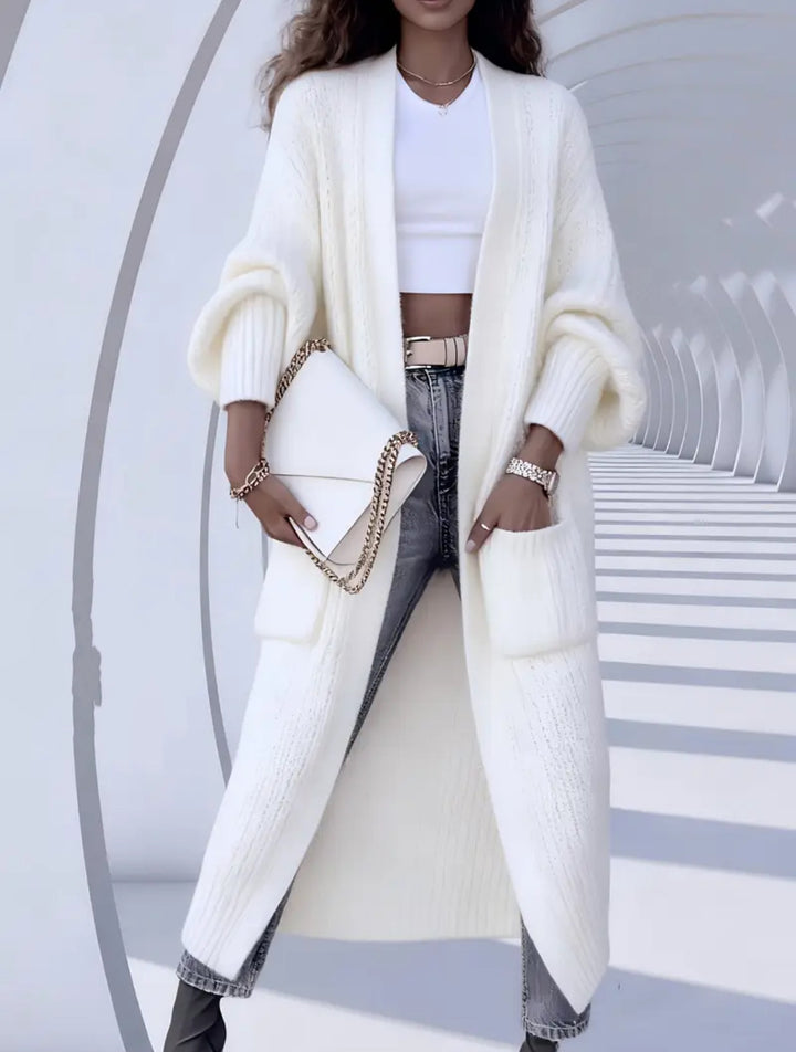 Women Long Open Chunky Knit Coat Cardigan with Braided Structure and Dropped Shoulder Mune Fashion