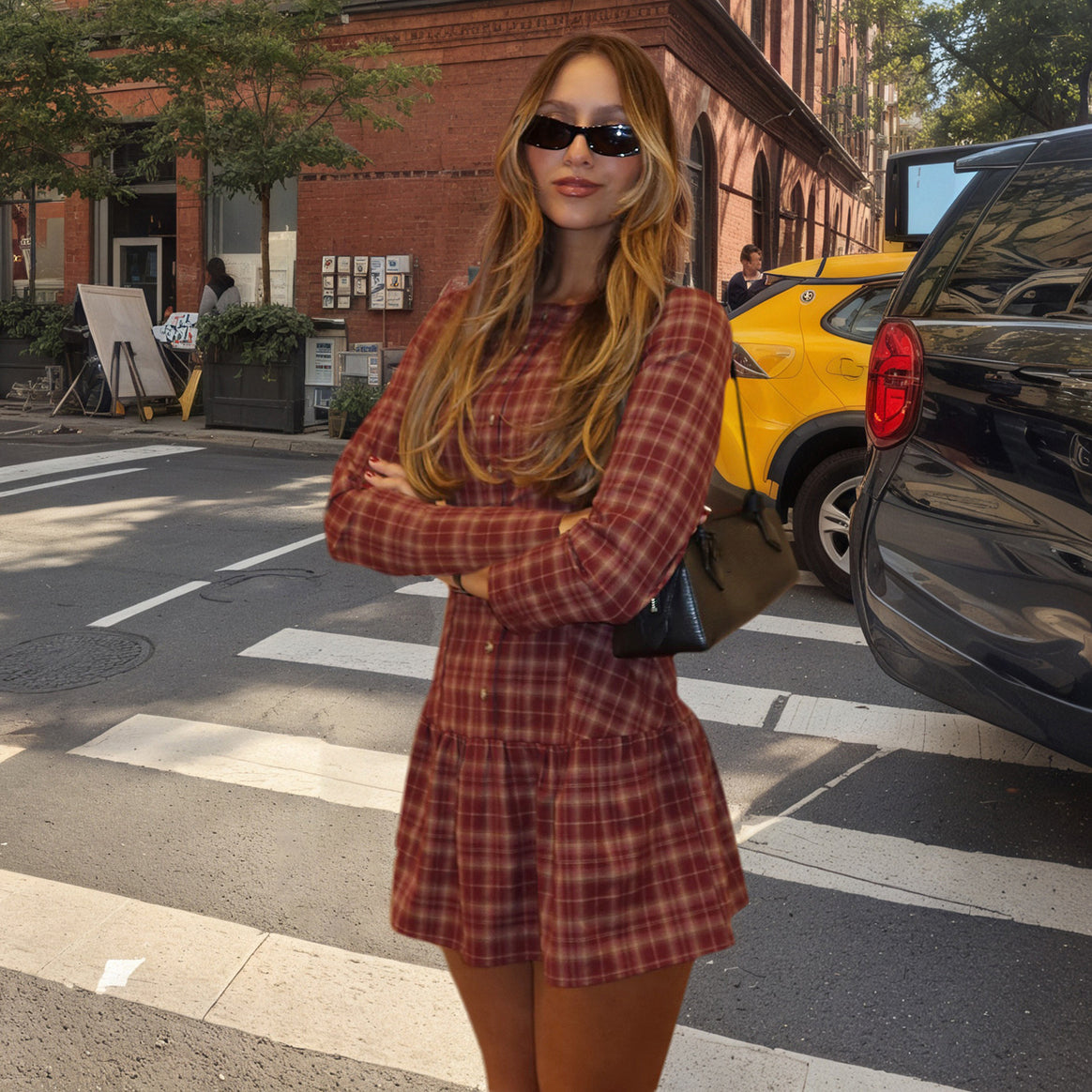 Women's Checkered Shirt Blouse Mini Dress with Fitted Silhouette, Continuous Button Closure and Ruffled Skirt Mune Fashion