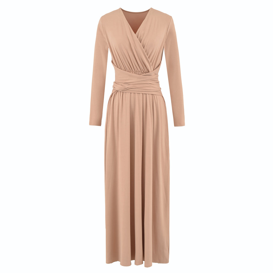 Women's Maxi Wrap Dress with Tailored Wrap Section and Long Sleeves Mune Fashion