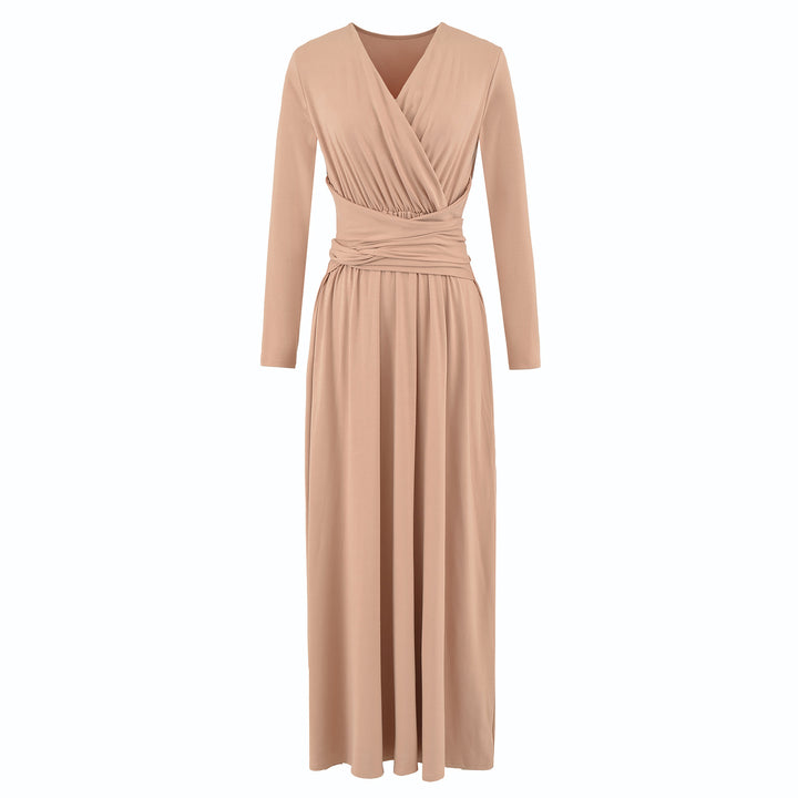 Women's Maxi Wrap Dress with Tailored Wrap Section and Long Sleeves Mune Fashion