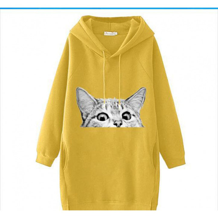 Ladies Oversize Hooded Dress made of Sweat Fabric with Large Cat Print and Side Pockets Mune Fashion