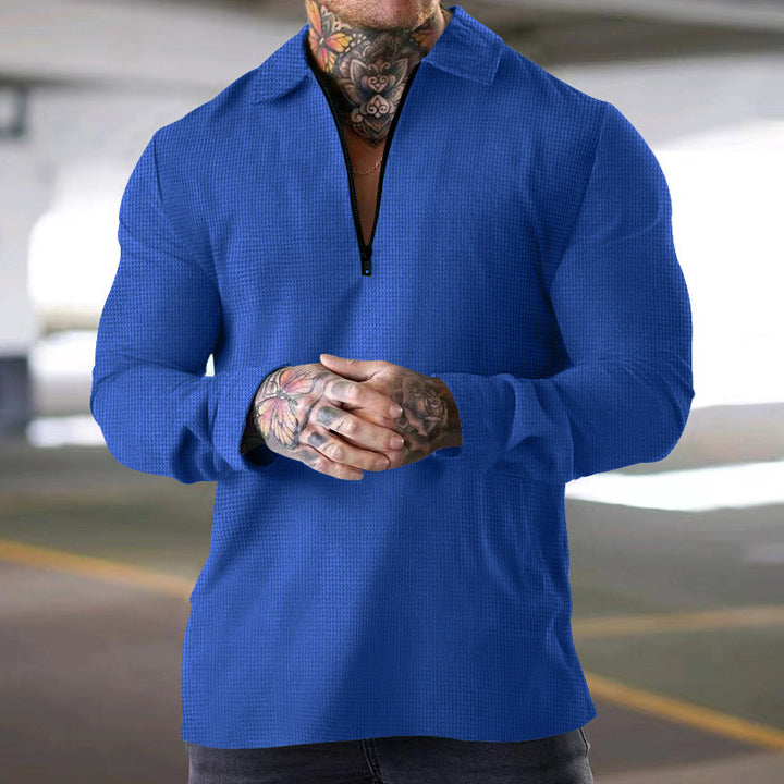 Men's narrow half-zip polo with waffle texture open Kent collar and clean minimal design Mune Fashion