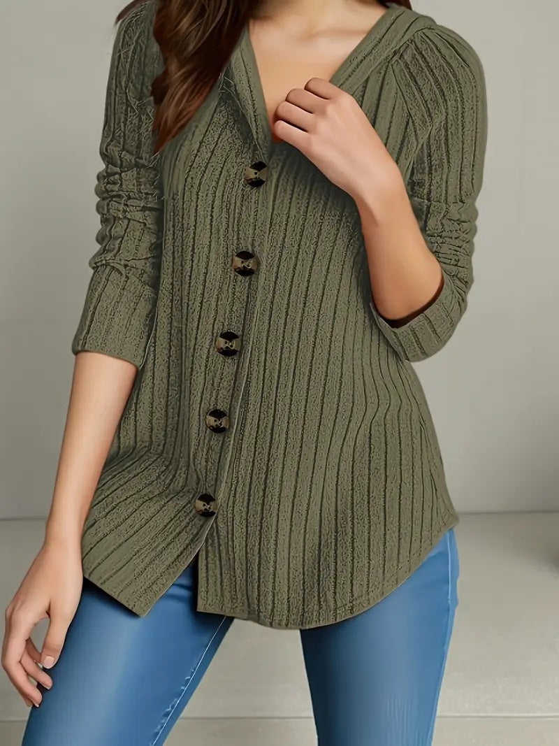 Women's concealing ribbed knit cardigan with V-neck and decorative buttons Mune Fashion