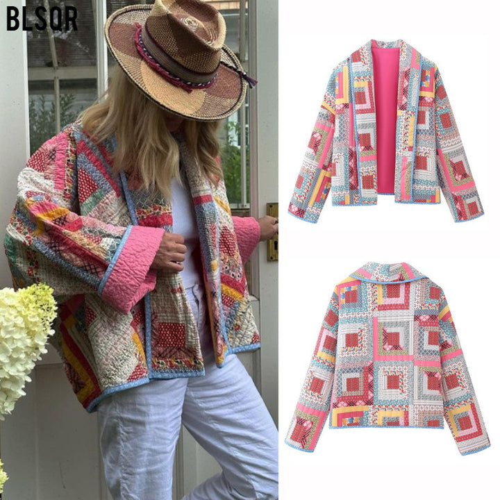 Women's Patchwork Kimono Jacket with Loose Cropped Silhouette Mune Fashion