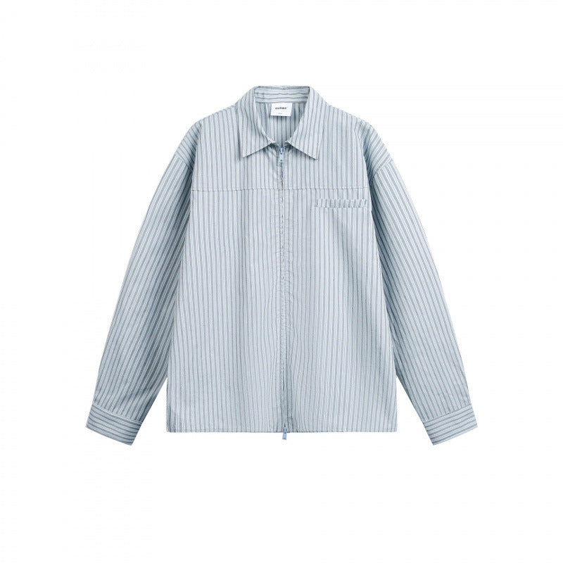 Women Striped Oversized Shirt Jacket with Concealed Zipper and Chest Pocket Mune Fashion