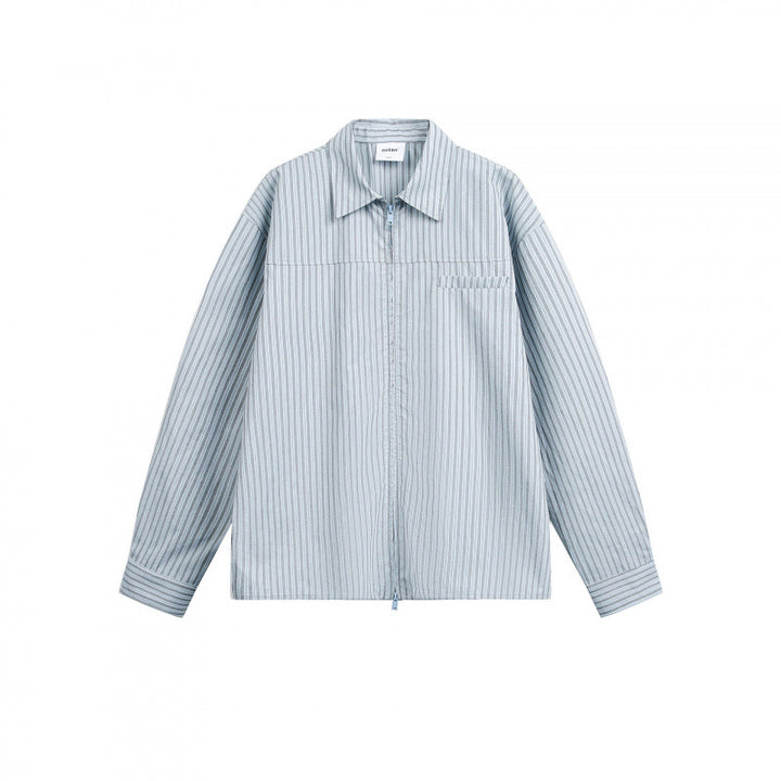 Women Striped Oversized Shirt Jacket with Concealed Zipper and Chest Pocket Mune Fashion