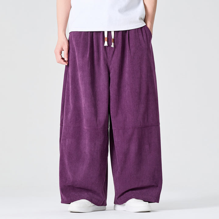 Men's Wide Cord Pants in Palazzo Cut with Elastic Waistband and Drawstring Mune Fashion