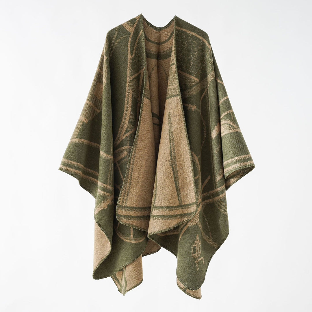 Women Wool Blend Reversible Cape with Graphic Jacquard and Open Kimono Fall Mune Fashion