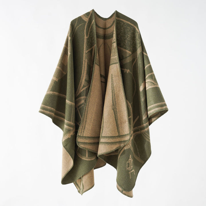 Women Wool Blend Reversible Cape with Graphic Jacquard and Open Kimono Fall Mune Fashion