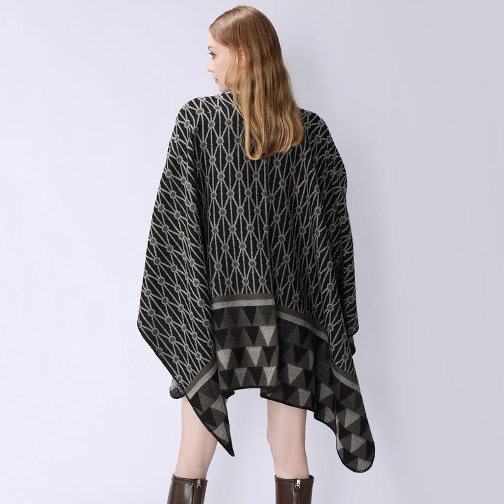 Women Structured Jacquard Poncho Overlay with Graphic Ethno Pattern and Open Kimono Fall Mune Fashion