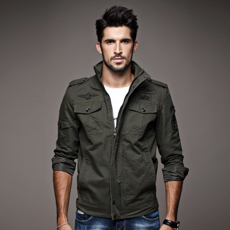 Men's Military Canvas Field Jacket with Stand Collar Shoulder Epaulettes and Multifunctional Pockets Mune Fashion