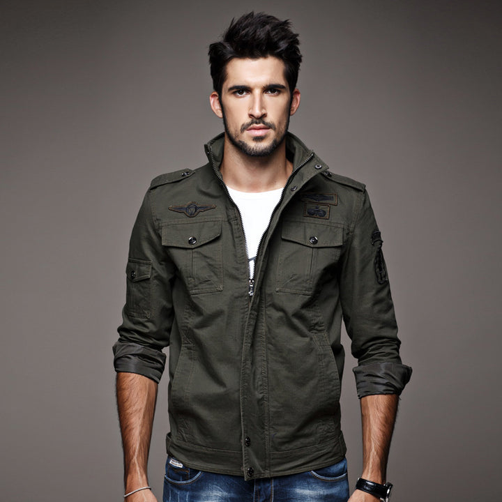 Men's Military Canvas Field Jacket with Stand Collar Shoulder Epaulettes and Multifunctional Pockets Mune Fashion