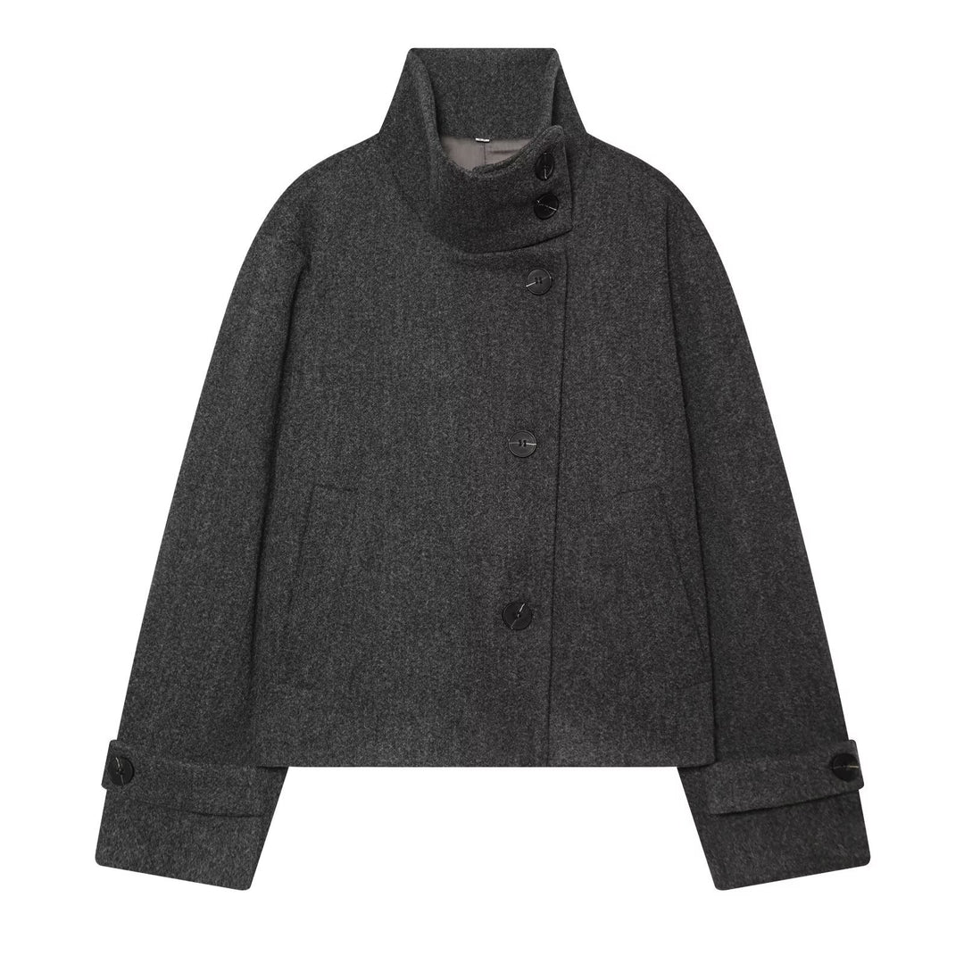 Women Short Cut Wool Coat with High Stand-Up Collar and Buttoned Cuffs Drune