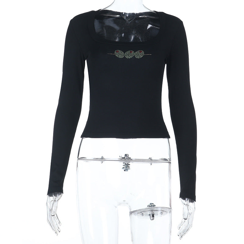 Women's figure-hugging ribbed long sleeve with square neckline and rhinestone application Mune Fashion