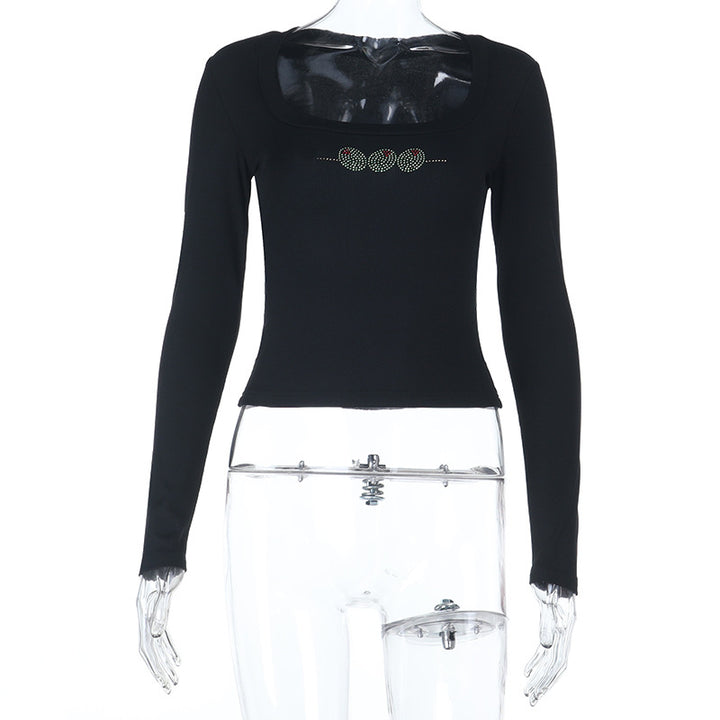 Women's figure-hugging ribbed long sleeve with square neckline and rhinestone application Mune Fashion