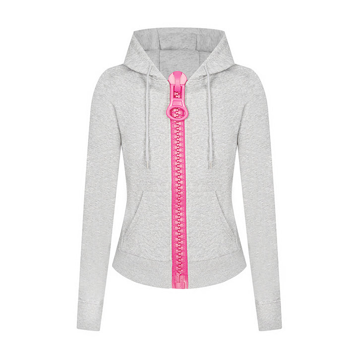 Women’s hooded sweat jacket with distinctive decorative zipper and kangaroo pocket Mune Fashion