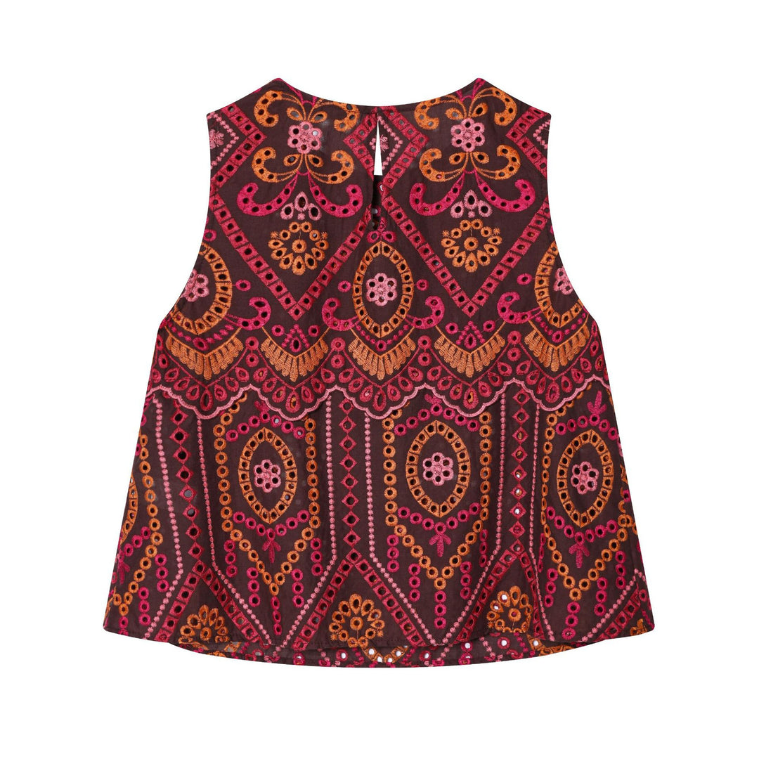 Women's embroidered A-line midi skirt with eyelet embroidery, tiered ruffle, and wavy hem Mune Fashion
