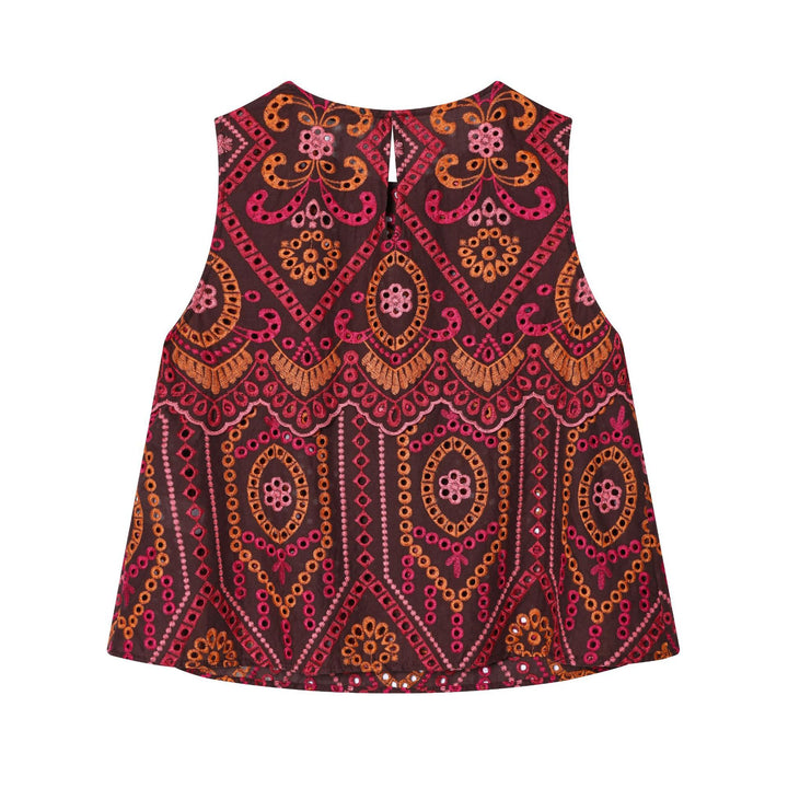 Women's embroidered A-line midi skirt with eyelet embroidery, tiered ruffle, and wavy hem Mune Fashion