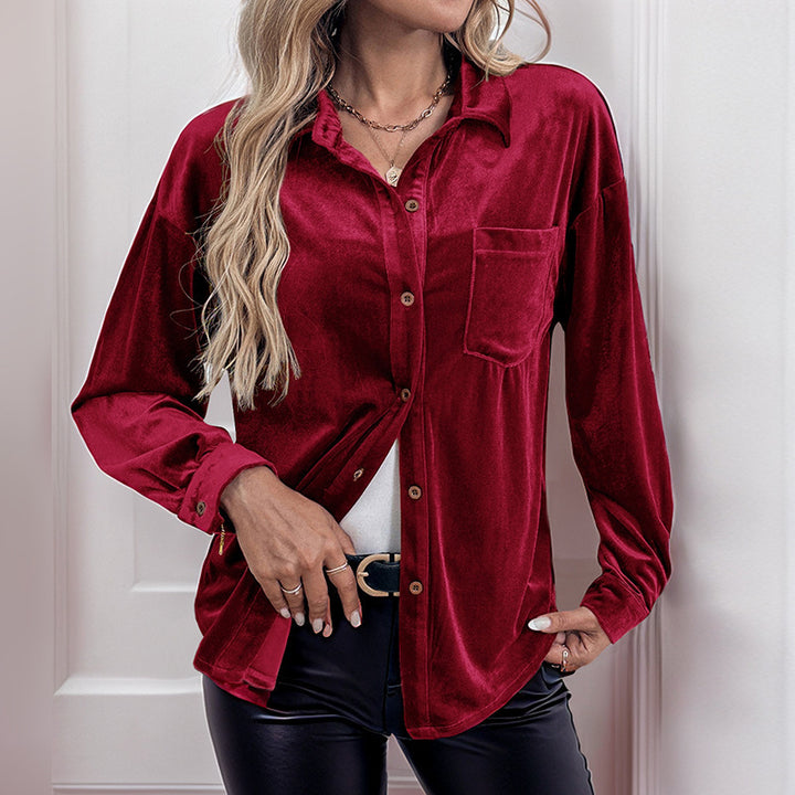 Women’s velour shirt blouse with chest pocket and classic collar Mune Fashion