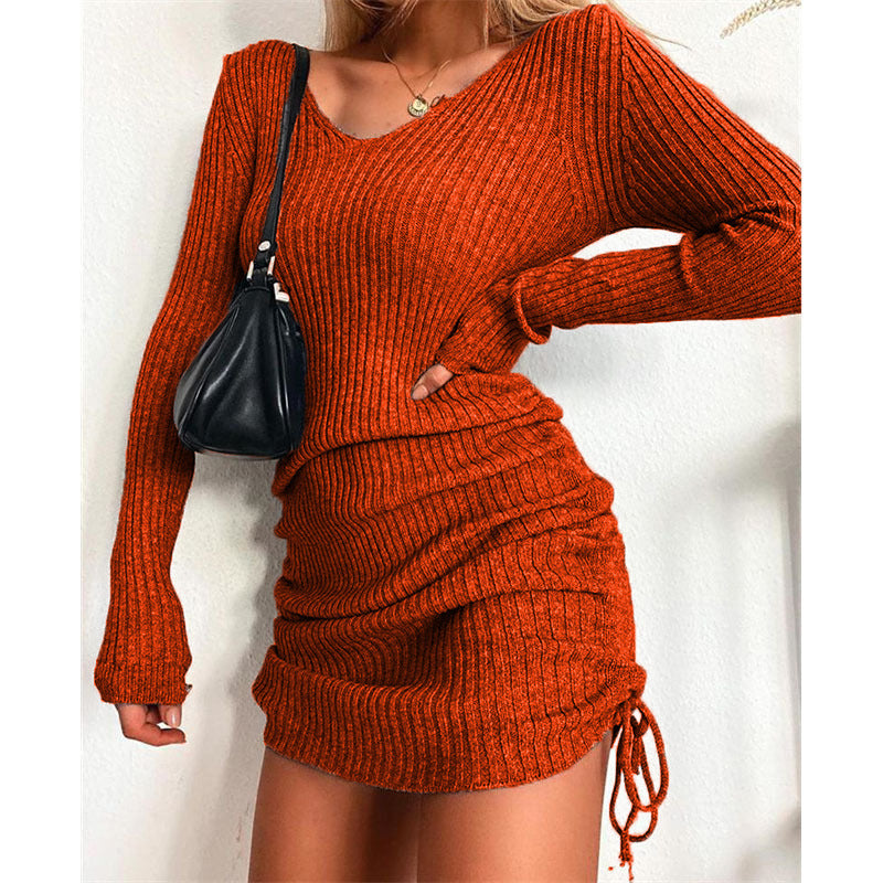 Women's Figure-Hugging Rib Knit Mini Dress with Long Sleeves and Side Gathering Mune Fashion