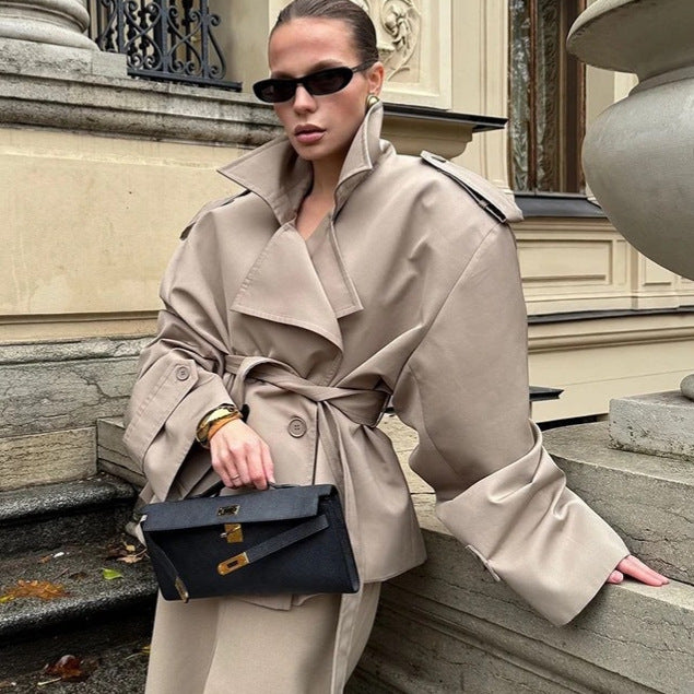Ladies Short Trench Coat with Ties and Cape Sleeves Mune Fashion