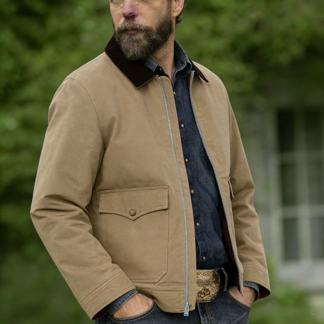 Men's robust canvas field jacket with corduroy collar and patch pockets Mune Fashion