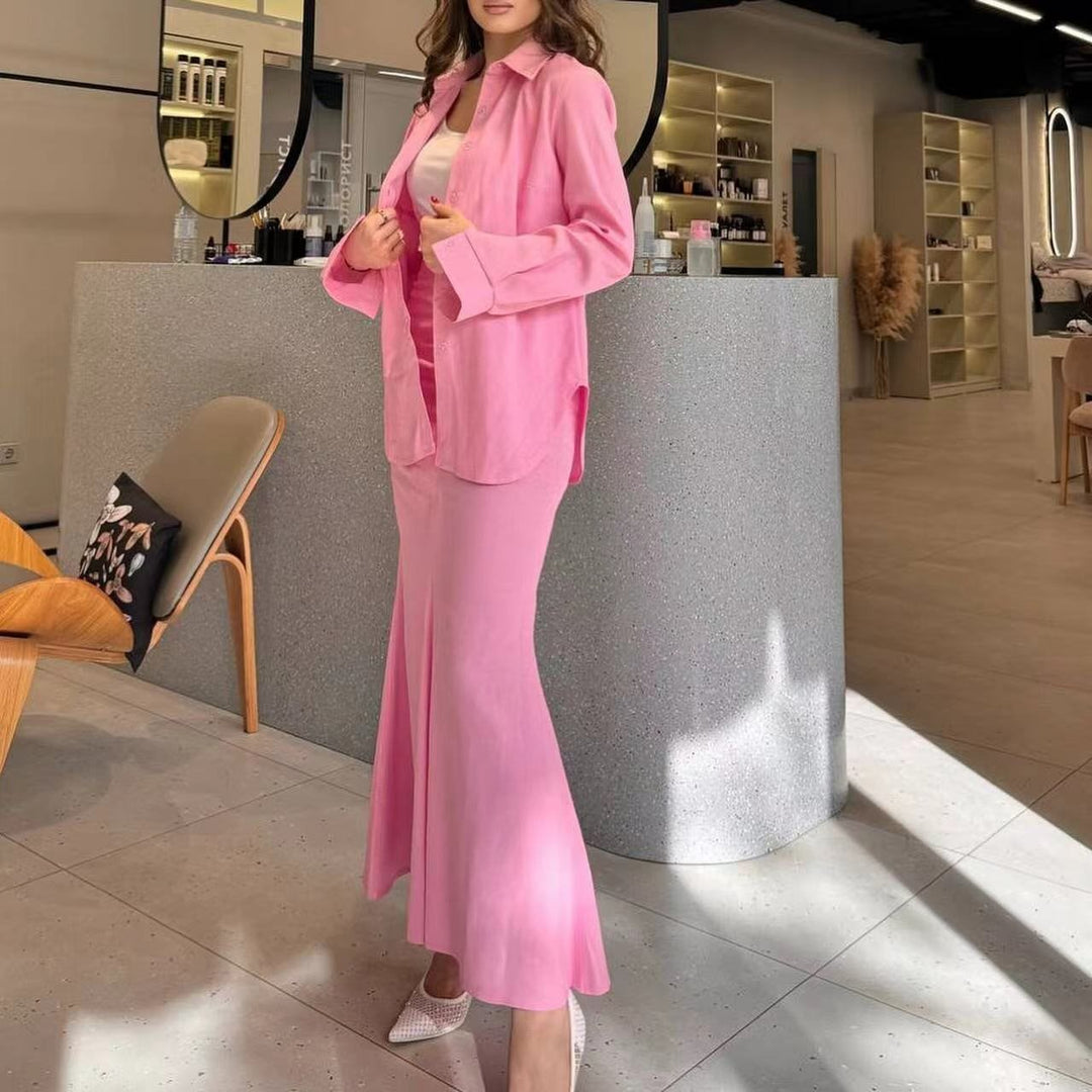 Women Two-Piece Set Tube Maxi Skirt with Flared Hem and Oversize Shirt Mune Fashion