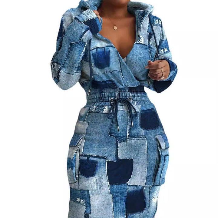 Women's Hooded Sweat Dress with V-Neck, Drawstring Waist and Cargo Pockets Mune Fashion