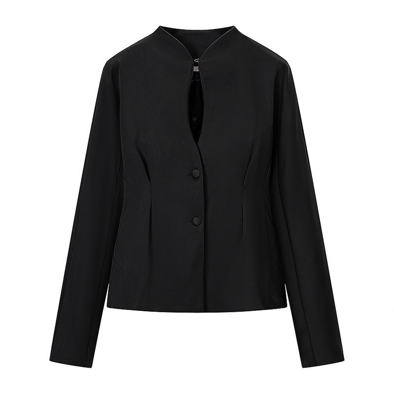 Women's Tailored Short Blazer without Lapels with Stand-Up Collar Look and Shaping Seams Mune Fashion