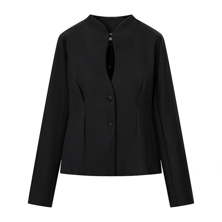 Women's Tailored Short Blazer without Lapels with Stand-Up Collar Look and Shaping Seams Mune Fashion
